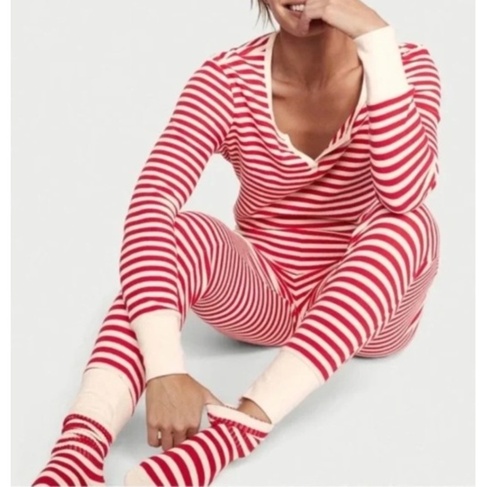 Victoria's Secret Pajama Set‎ Red White Thermal Henley Cozy Candy Cane XL Long